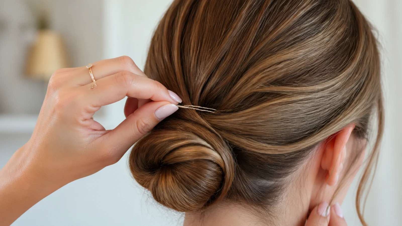 Faceless close-up of a bobby pin pushed under a long-hair bun toward the scalp to anchor it