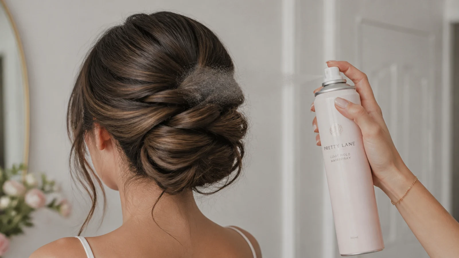 Faceless shot of light-hold hairspray setting a finished long-hair updo and smoothing flyaways