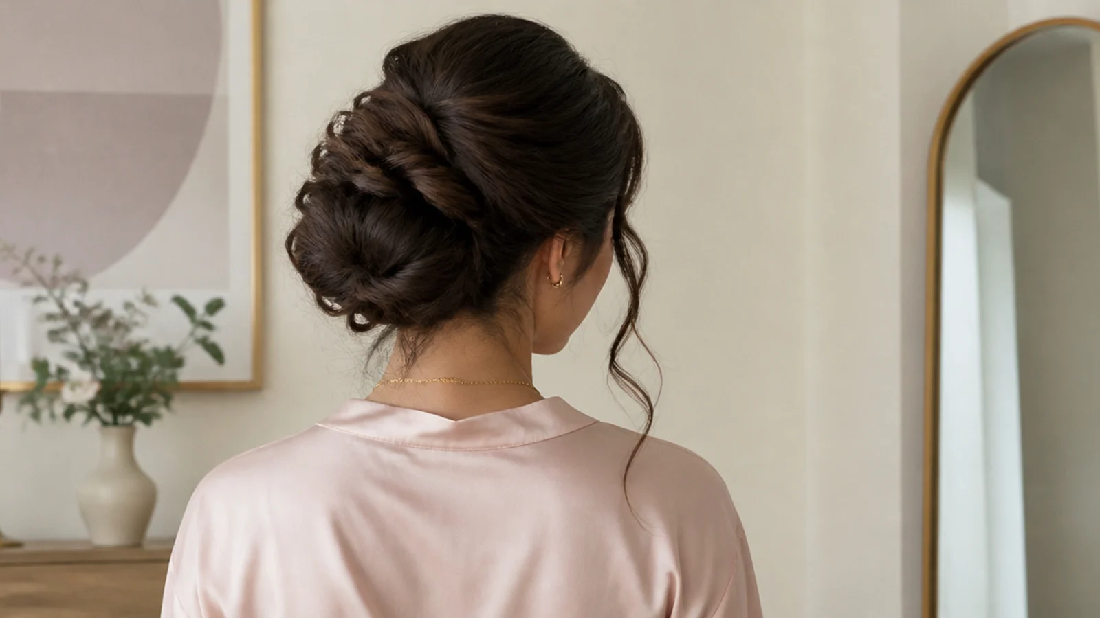 Faceless back view of a finished lasting long-hair updo being checked with a gentle head turn