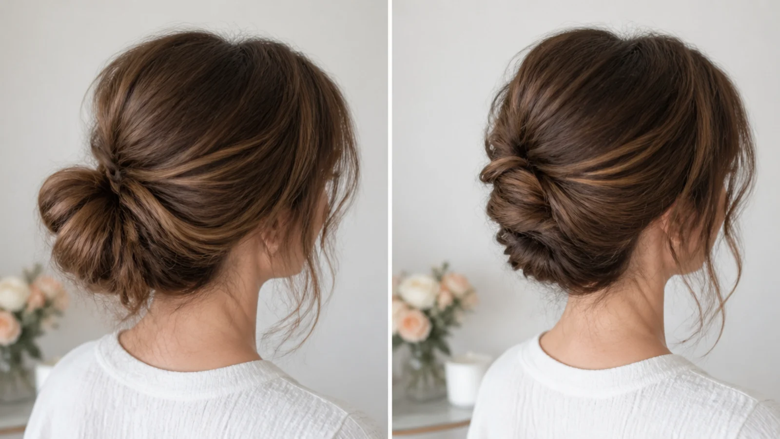 Faceless comparison of a slipping saggy long-hair updo beside a corrected secured one