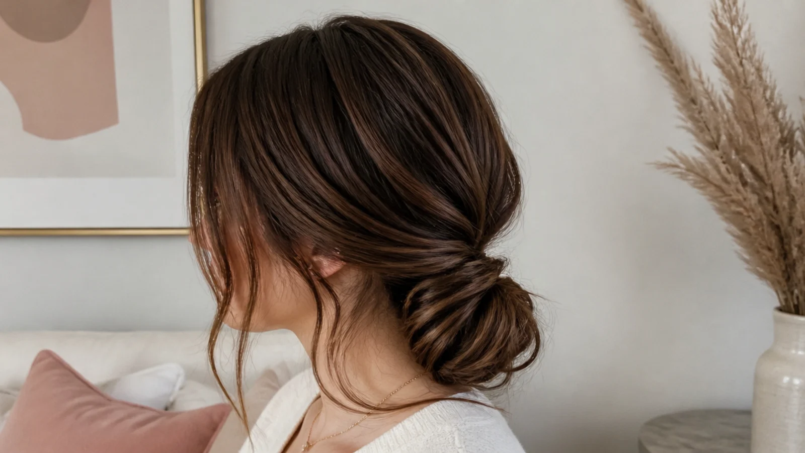 Faceless side view showing a lowered loosened updo anchor point to prevent a tension headache
