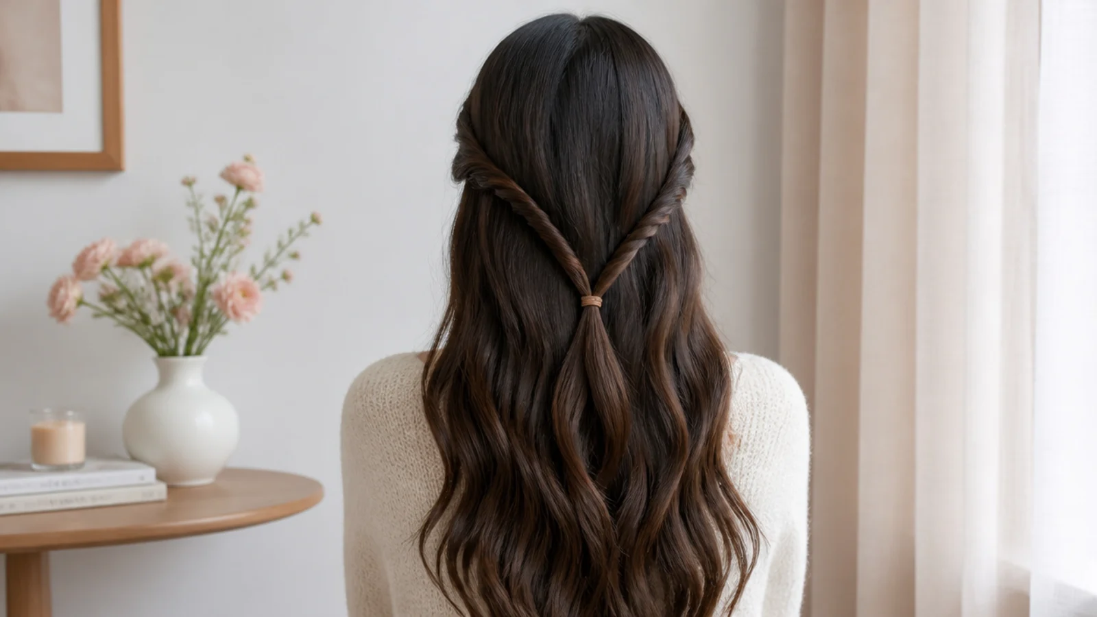 Faceless back view showing thick long hair split into two anchored twists to distribute weight