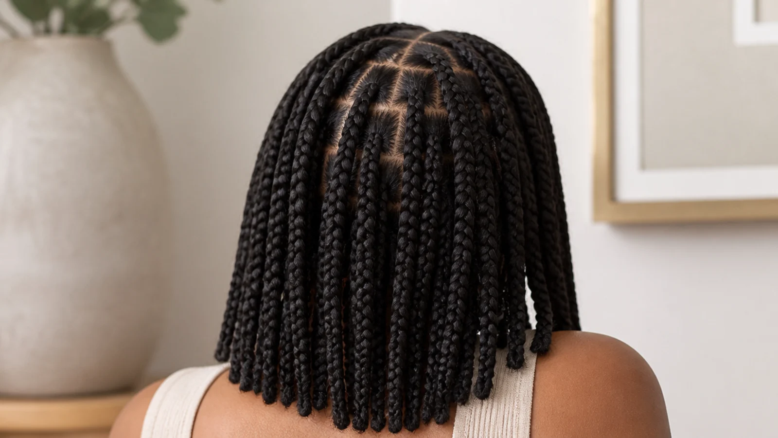 Faceless back view of medium knotless box braids at shoulder length on fine 4C hair with clean, loose parts