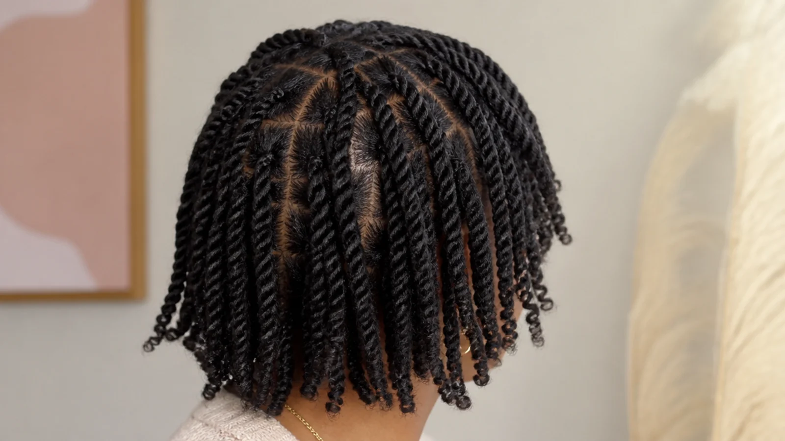 Faceless close-up of small two-strand twists on natural fine 4C hair with a loose, even part pattern