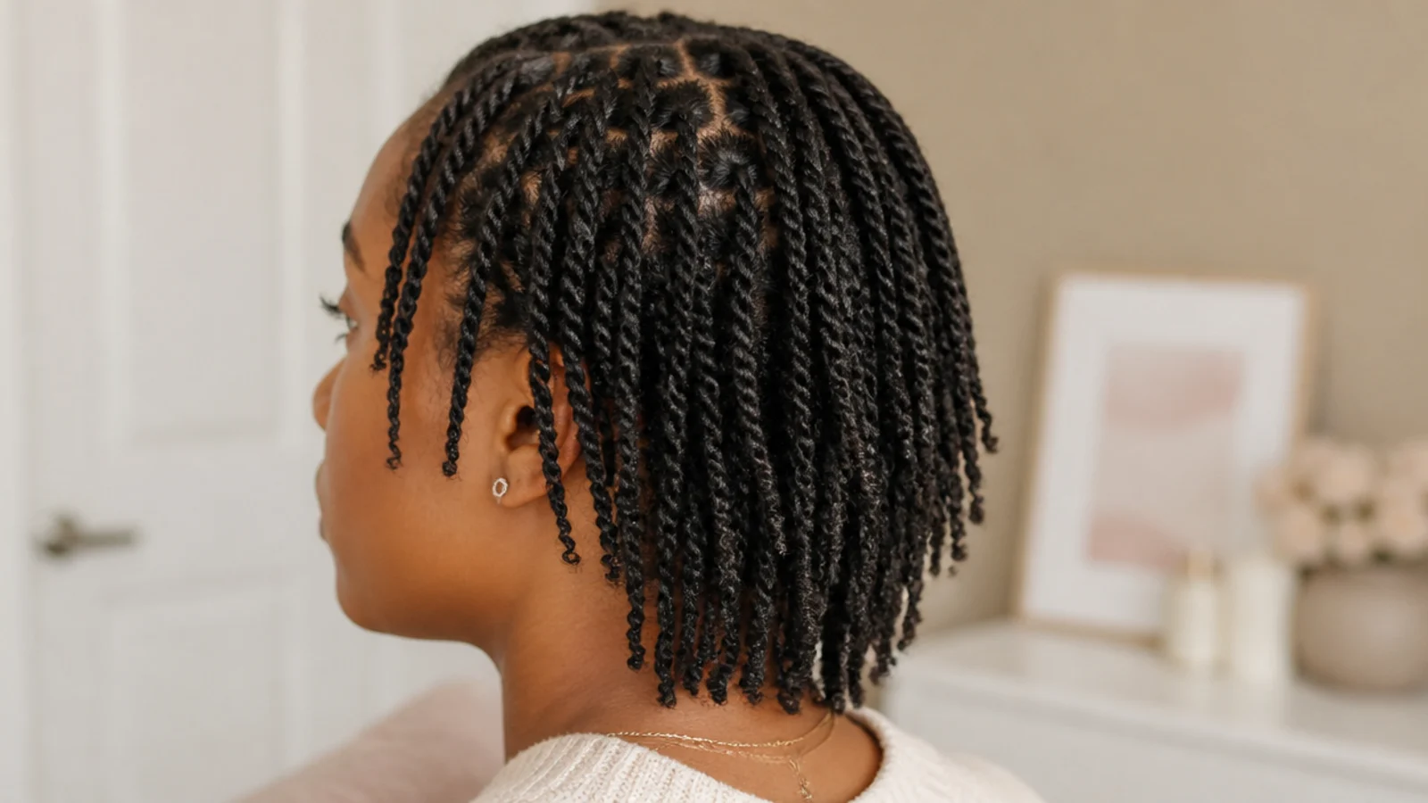 Faceless side view of lightweight mini passion twists on fine 4C hair with a soft, undisturbed hairline