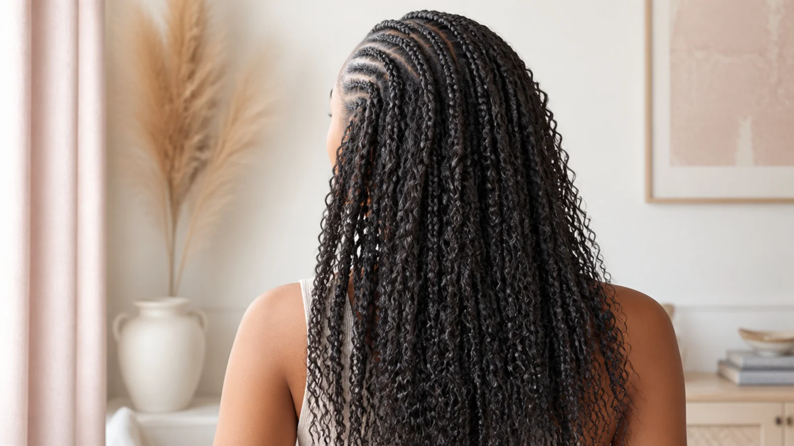 Faceless back view of crochet braids installed over a flat cornrow base on fine 4C hair