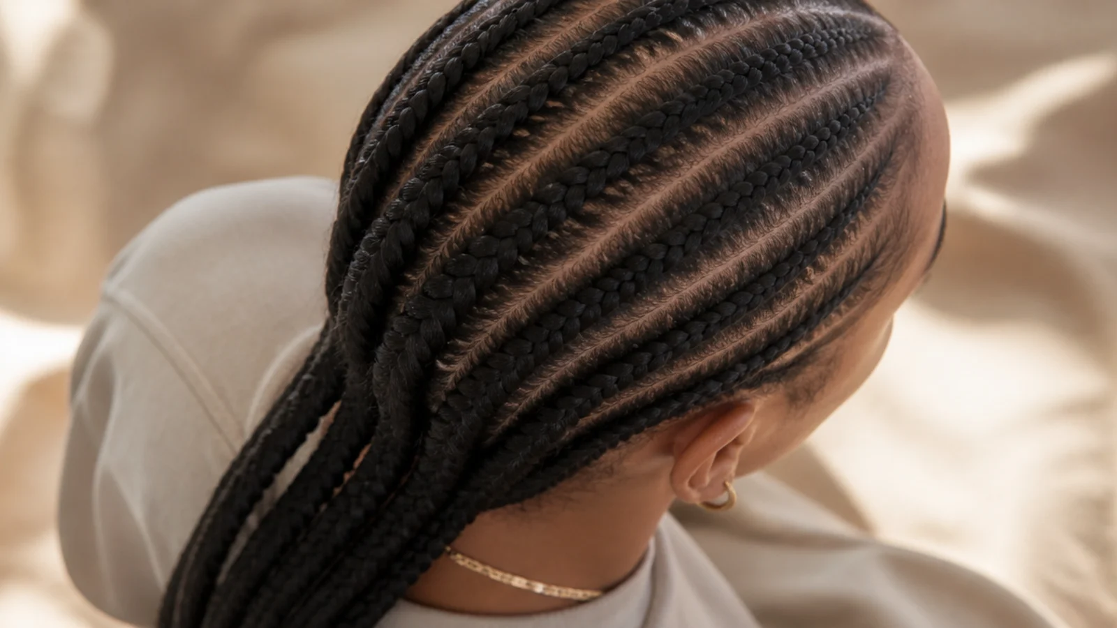 Faceless top view of feed-in cornrows braided straight back on fine 4C hair with thin, gradual starts