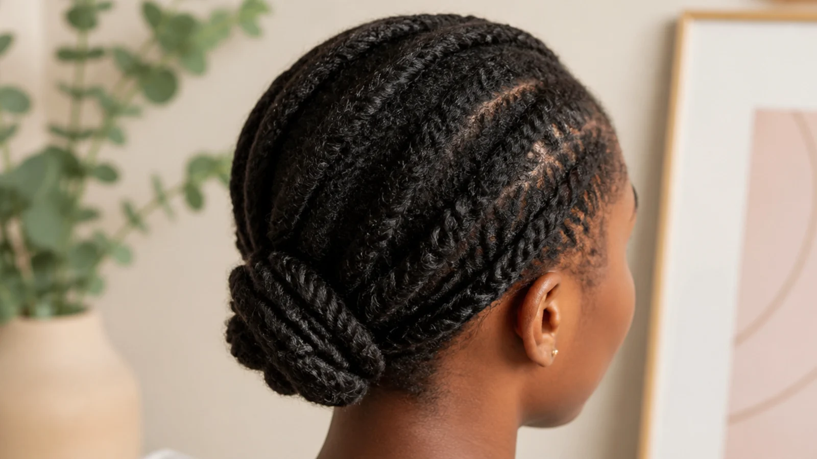 Faceless back view of flat twists gathered into a soft tucked low bun on fine 4C hair
