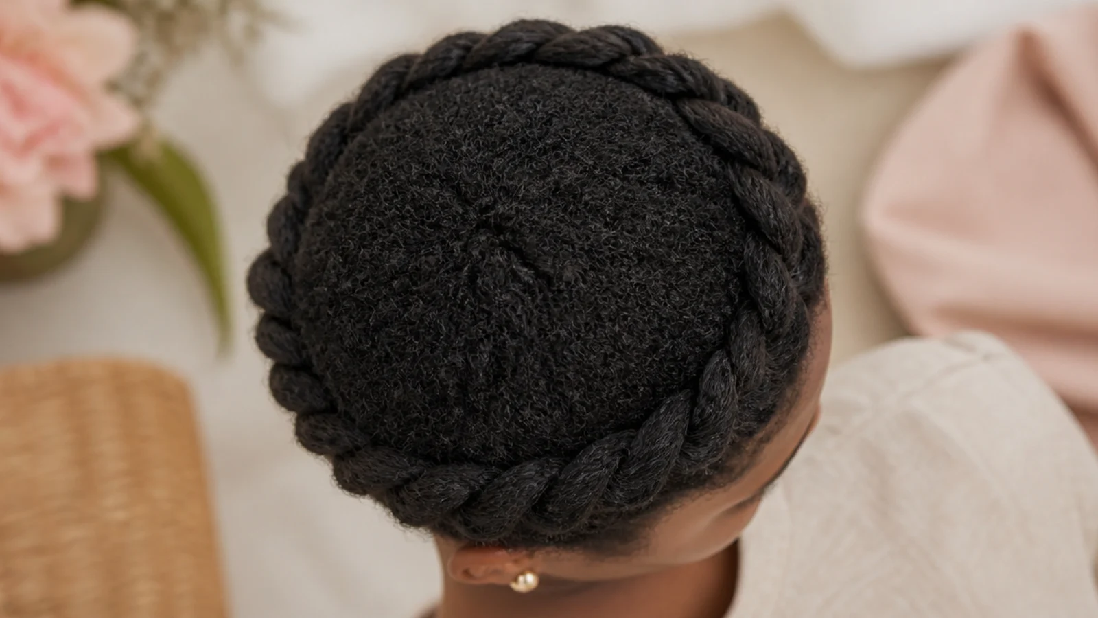 Faceless overhead view of a soft braided halo crown wrapped around the head on fine 4C hair