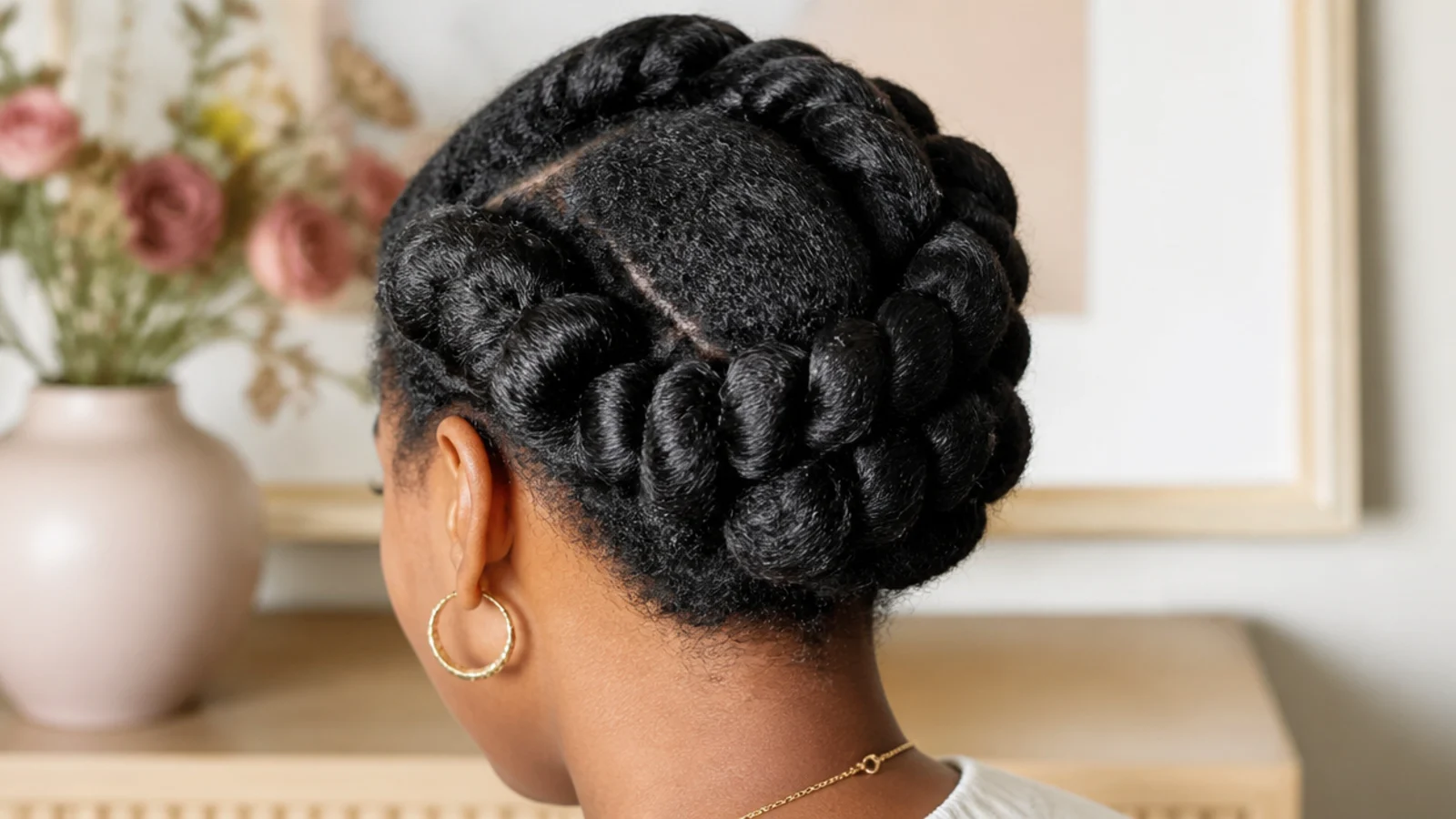 Faceless back view of a chunky two-strand twist updo pinned up on fine 4C hair with hidden ends