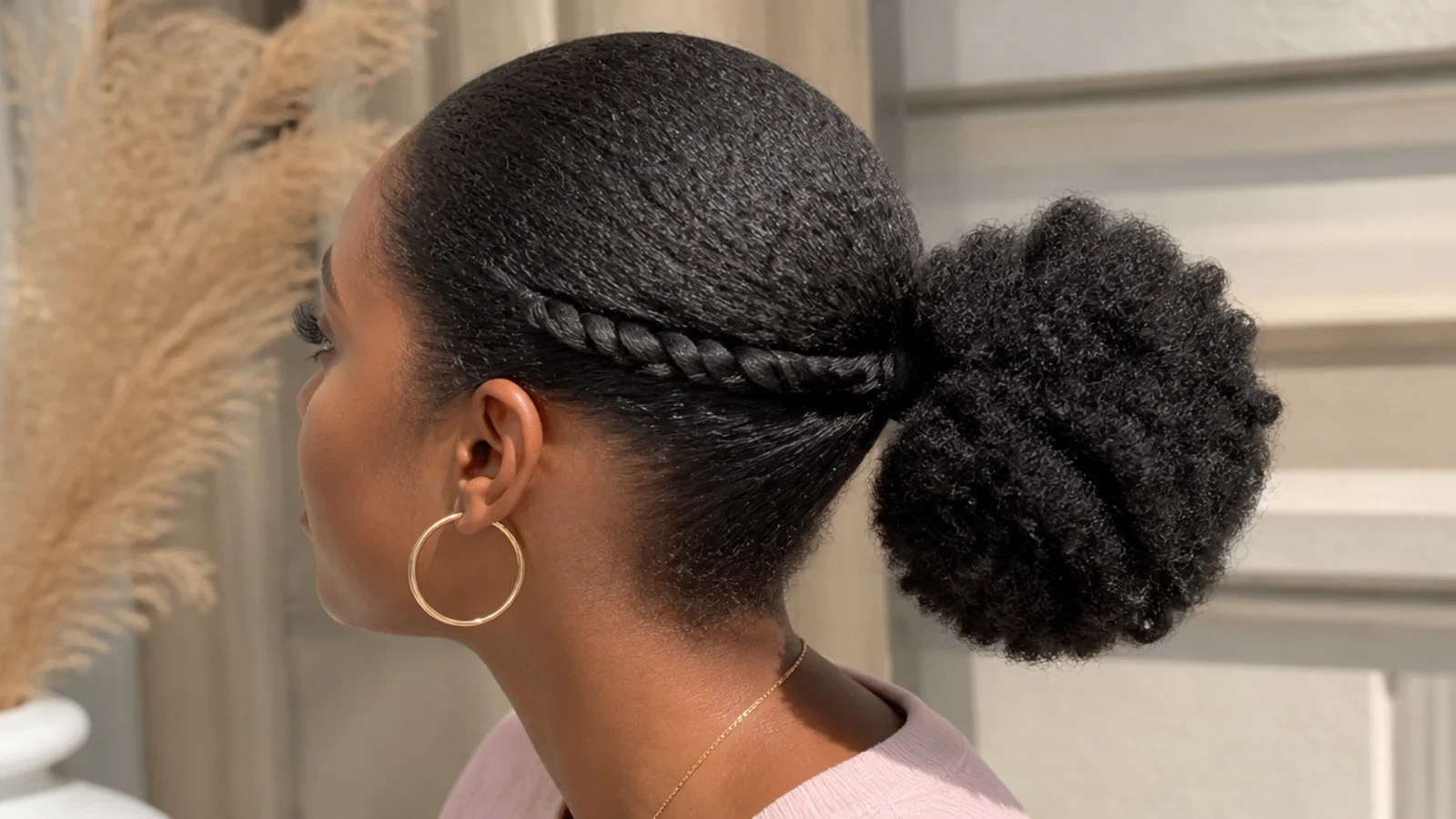 Faceless side view of a stretched threaded puff on fine 4C hair using African threading with no elastic at the root