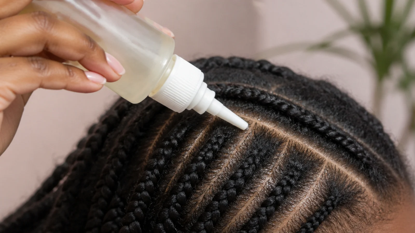 Faceless close-up of a nozzle applicator placing diluted leave-in along the parts of a braided fine 4C scalp
