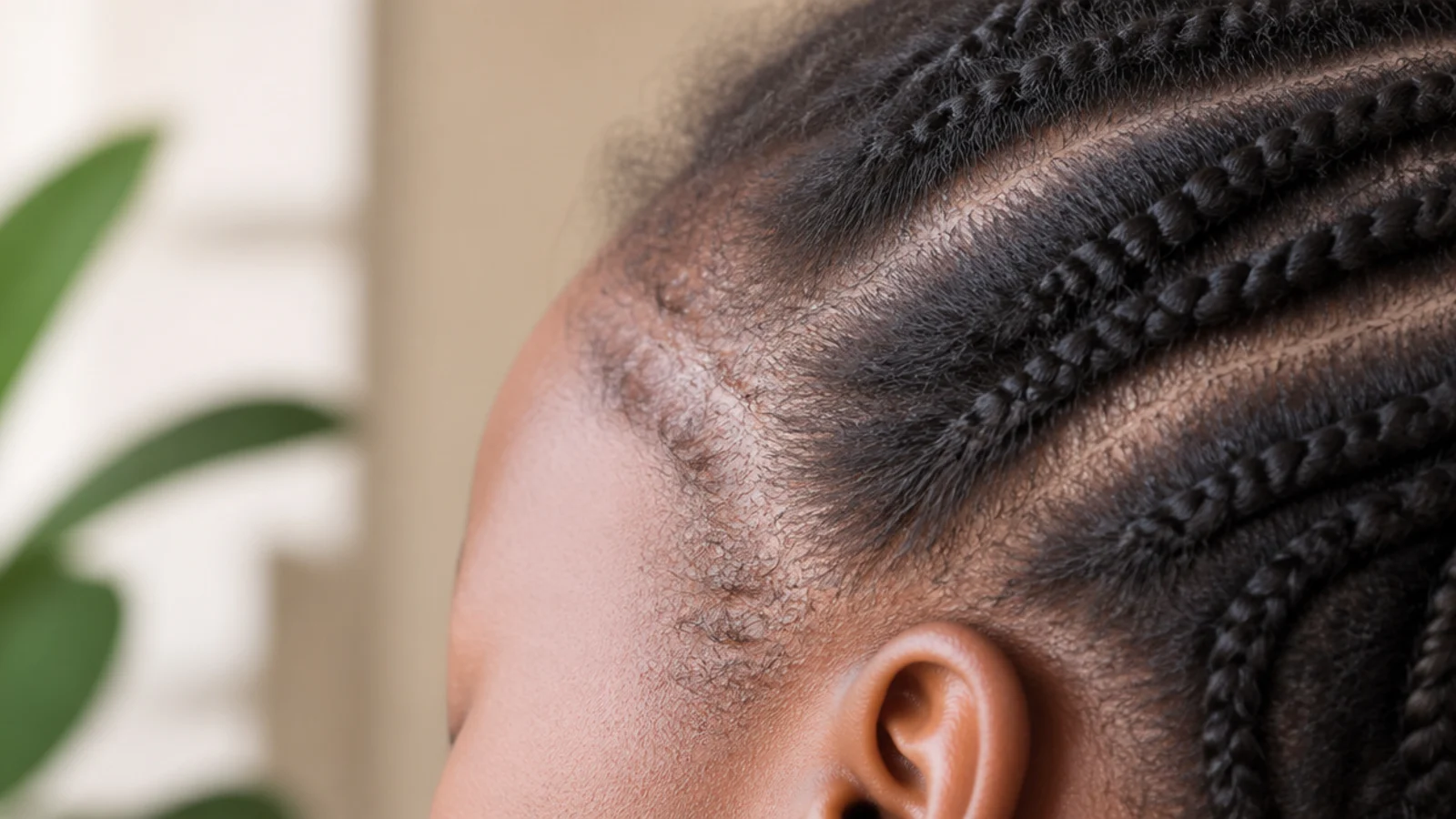 Faceless close-up of small bumps and a raised hairline along a braided edge signaling too much tension on fine 4C hair