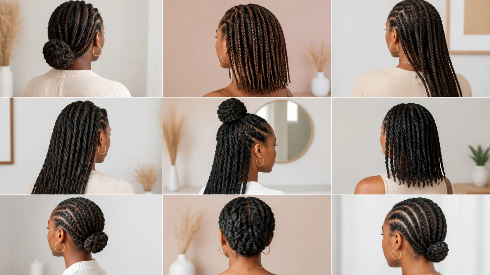 Faceless grid of low-tension protective styles for fine 4C hair including knotless braids, two-strand twists and flat twists