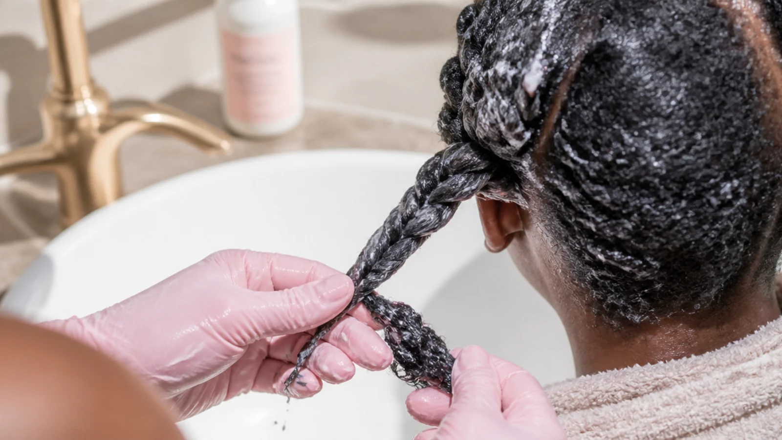 Faceless close-up of gloved hands unraveling a braid saturated with conditioner on fine 4C hair over a sink