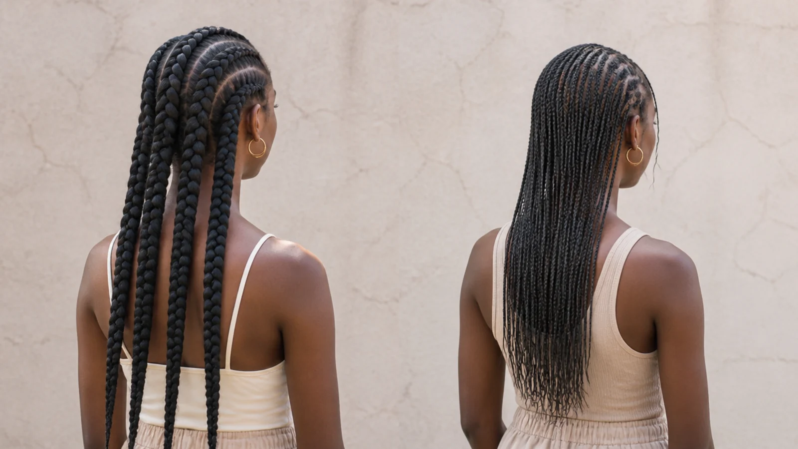 Faceless side-by-side of heavy jumbo braids and light small braids on fine 4C hair showing the weight difference