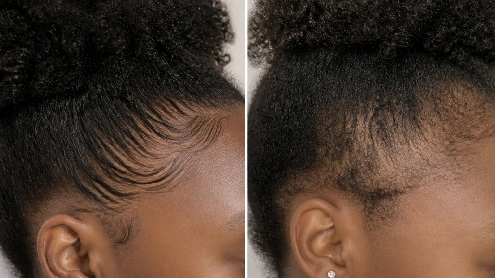 Faceless close-up of a fine 4C hairline showing healthy edges beside a thinned, over-pulled edge for comparison