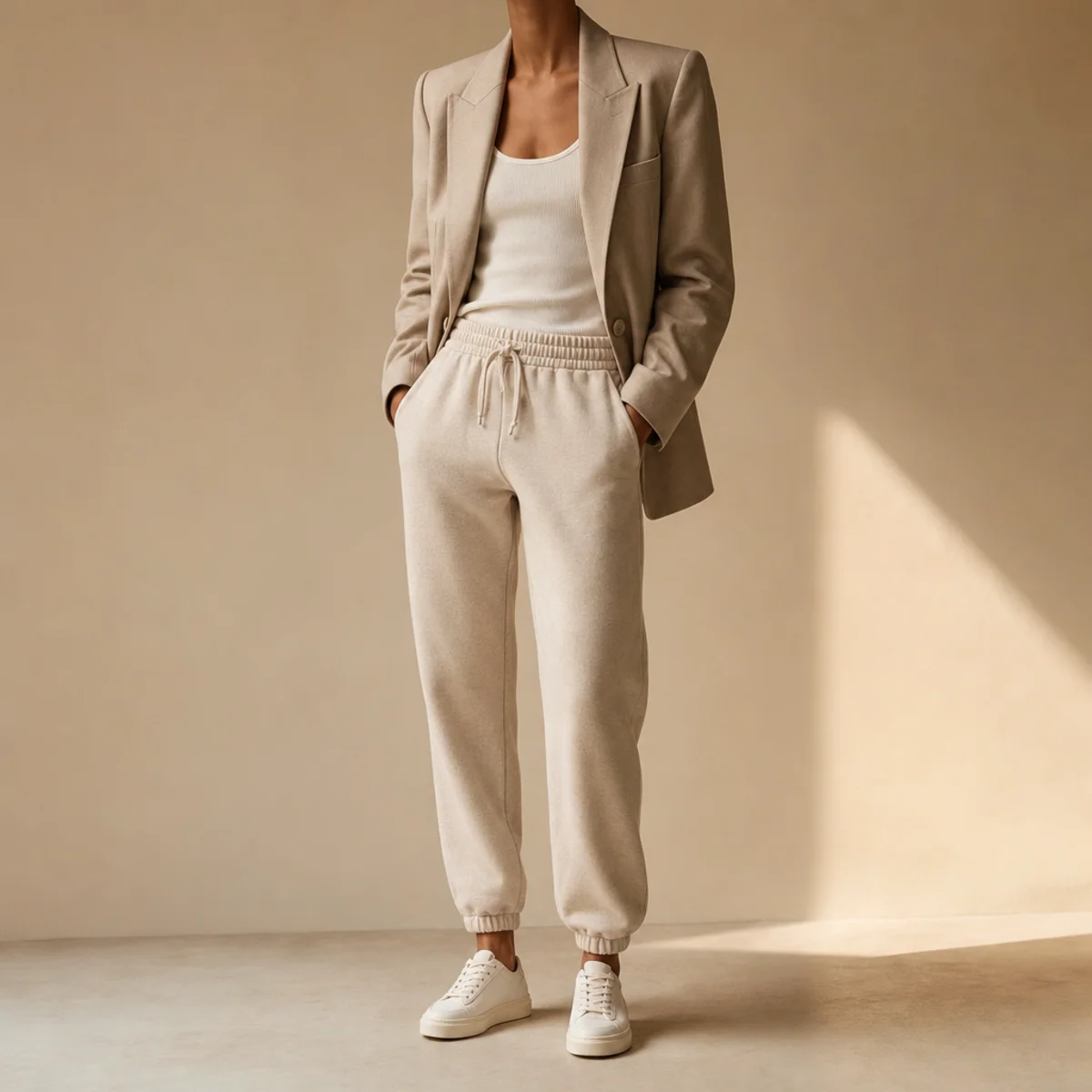 Faceless waist-up shot of a structured blazer over a tank with tapered sweatpants
