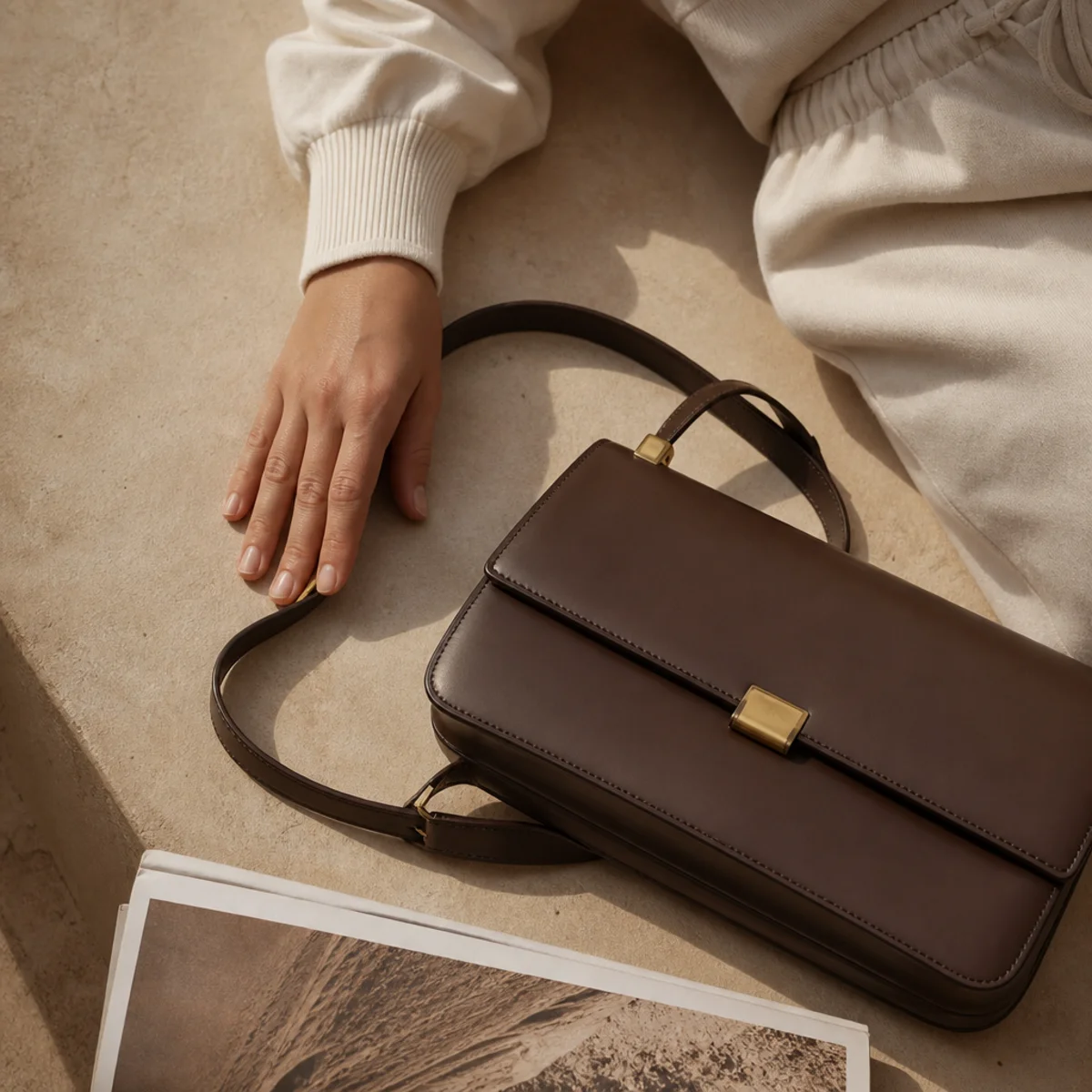 Faceless waist-down shot of sweatpants styled with a structured leather shoulder bag