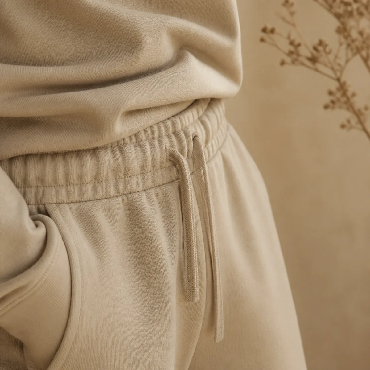 Faceless full-length shot of a tonal head-to-toe beige sweatpants outfit