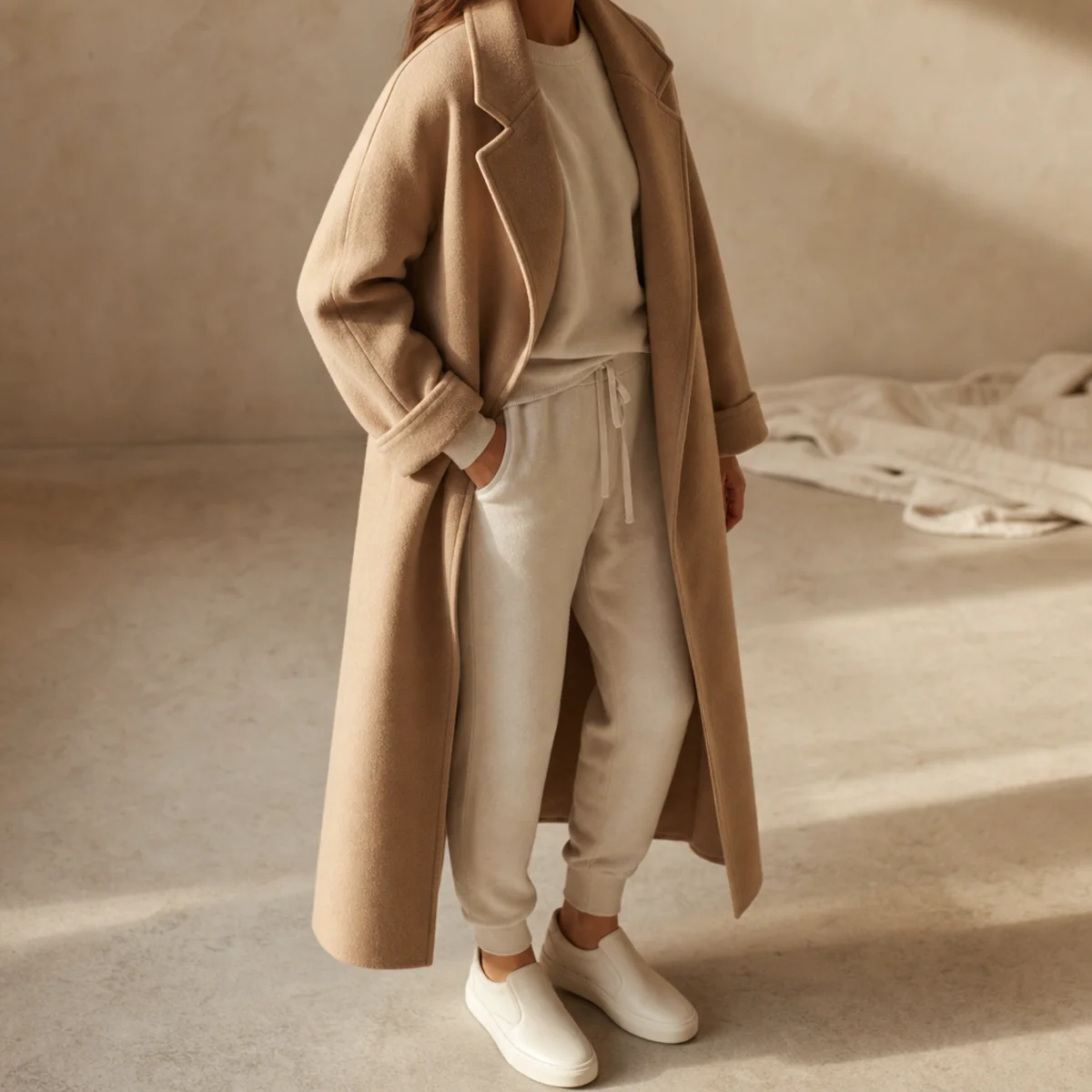 Faceless full-length shot of a long camel statement coat worn open over slim sweatpants