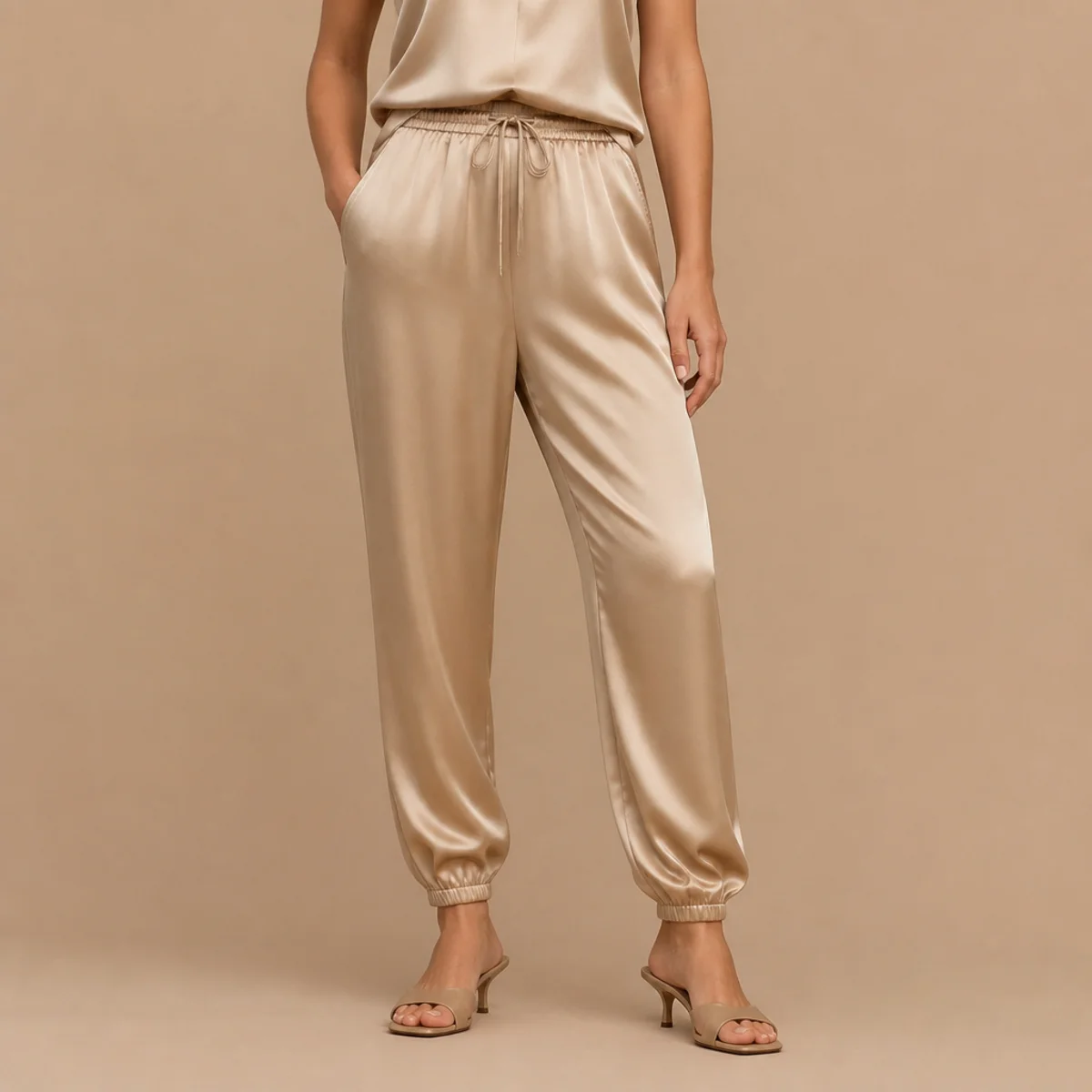 Faceless waist-down shot of satin-finish jogger-style trousers with heeled mules