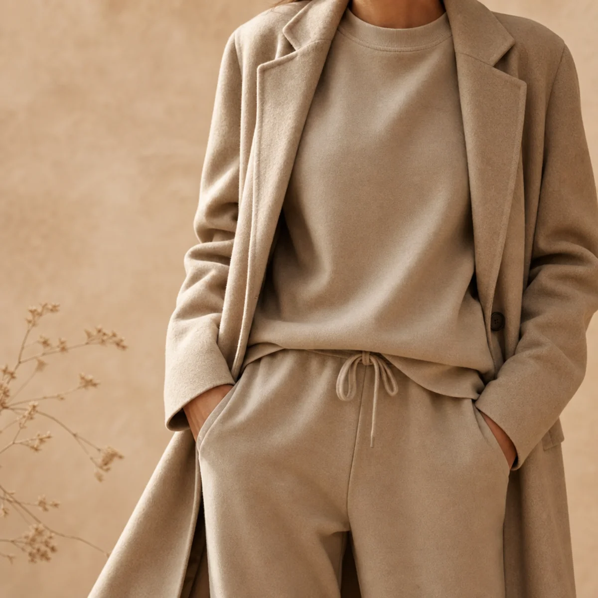 Faceless full-length shot of a tailored coat layered over a tonal matching sweat set