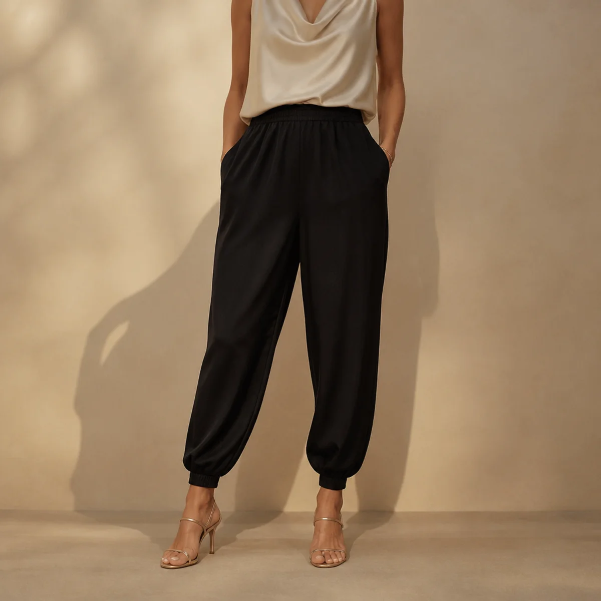 Faceless waist-down editorial shot of slim black sweatpants dressed up with strappy heels and a silk top