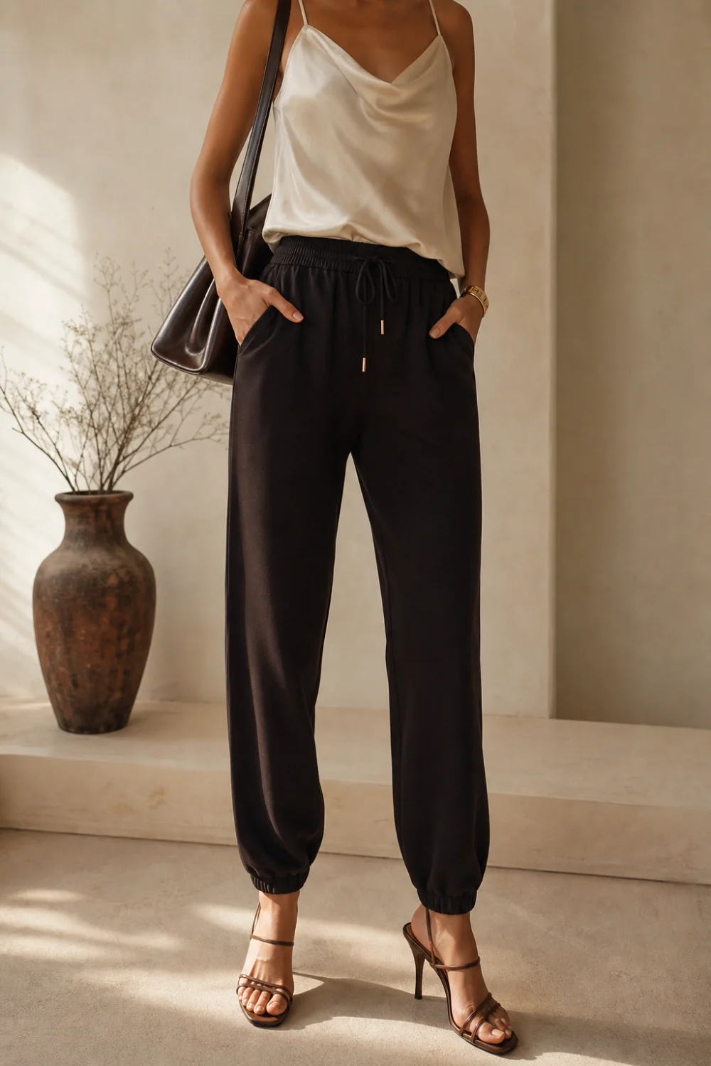 Faceless dressed-up sweatpants outfit with a silk cami, blazer and heels