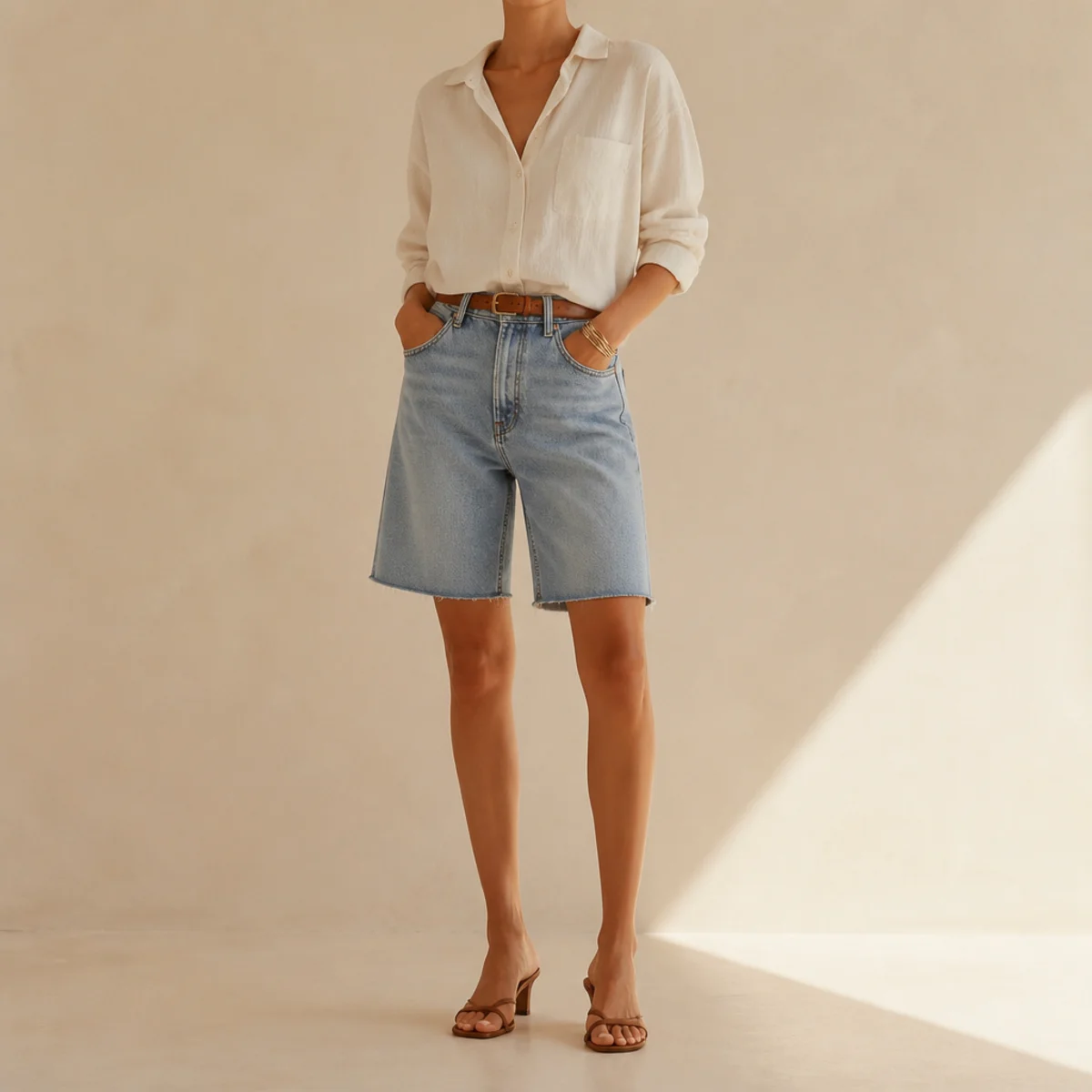 Faceless waist-up shot of a tucked top with a slim belt over denim jorts to define the waist