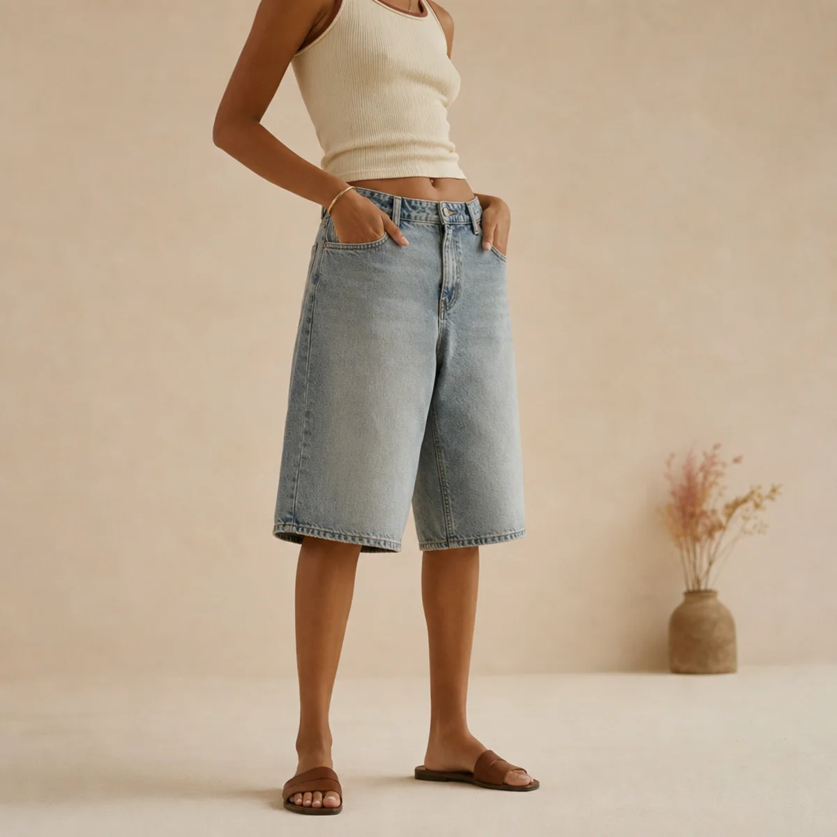 Faceless waist-down shot of baggy denim jorts with a fitted top to balance the proportion