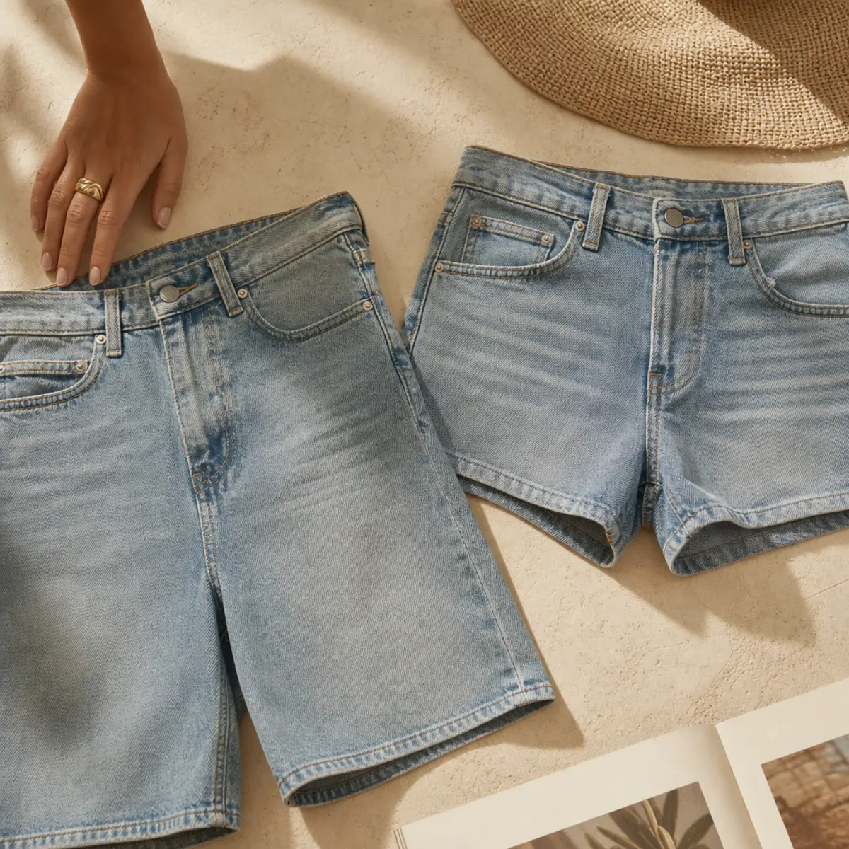 Faceless full-length shot showing knee-length and mid-thigh denim jorts side by side