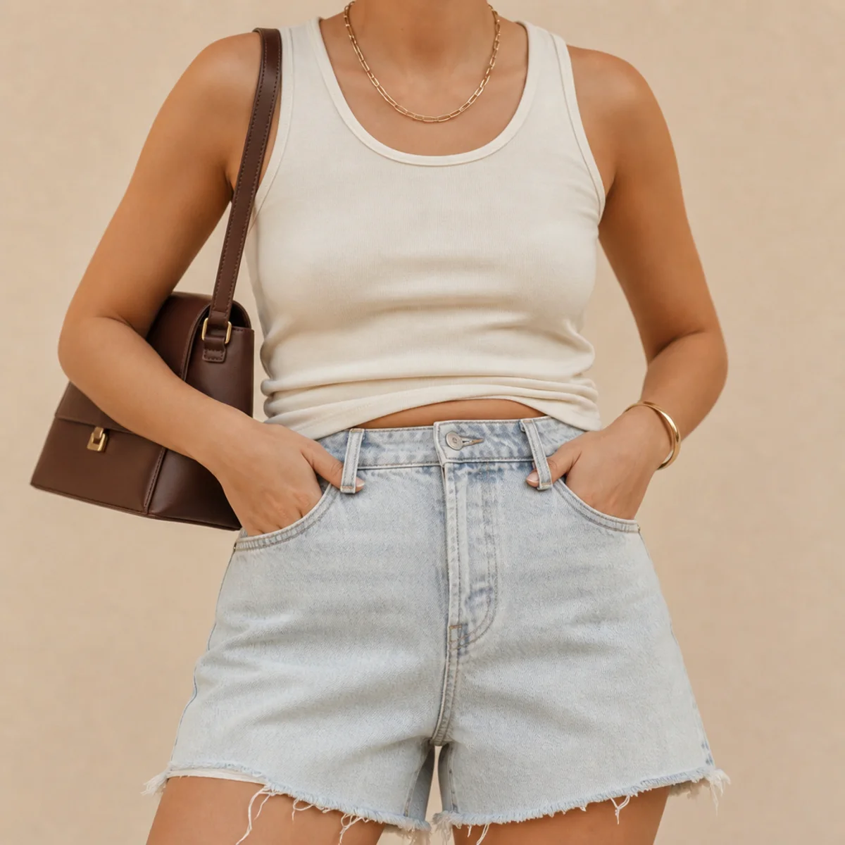 Faceless waist-up shot of a simple jorts outfit lifted with a structured bag and gold jewellery