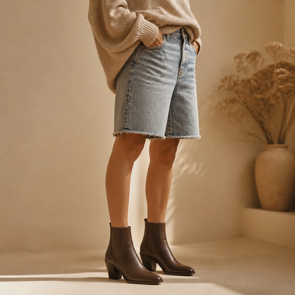 Faceless full-length shot of denim jorts layered with a knit and ankle boots for cooler weather