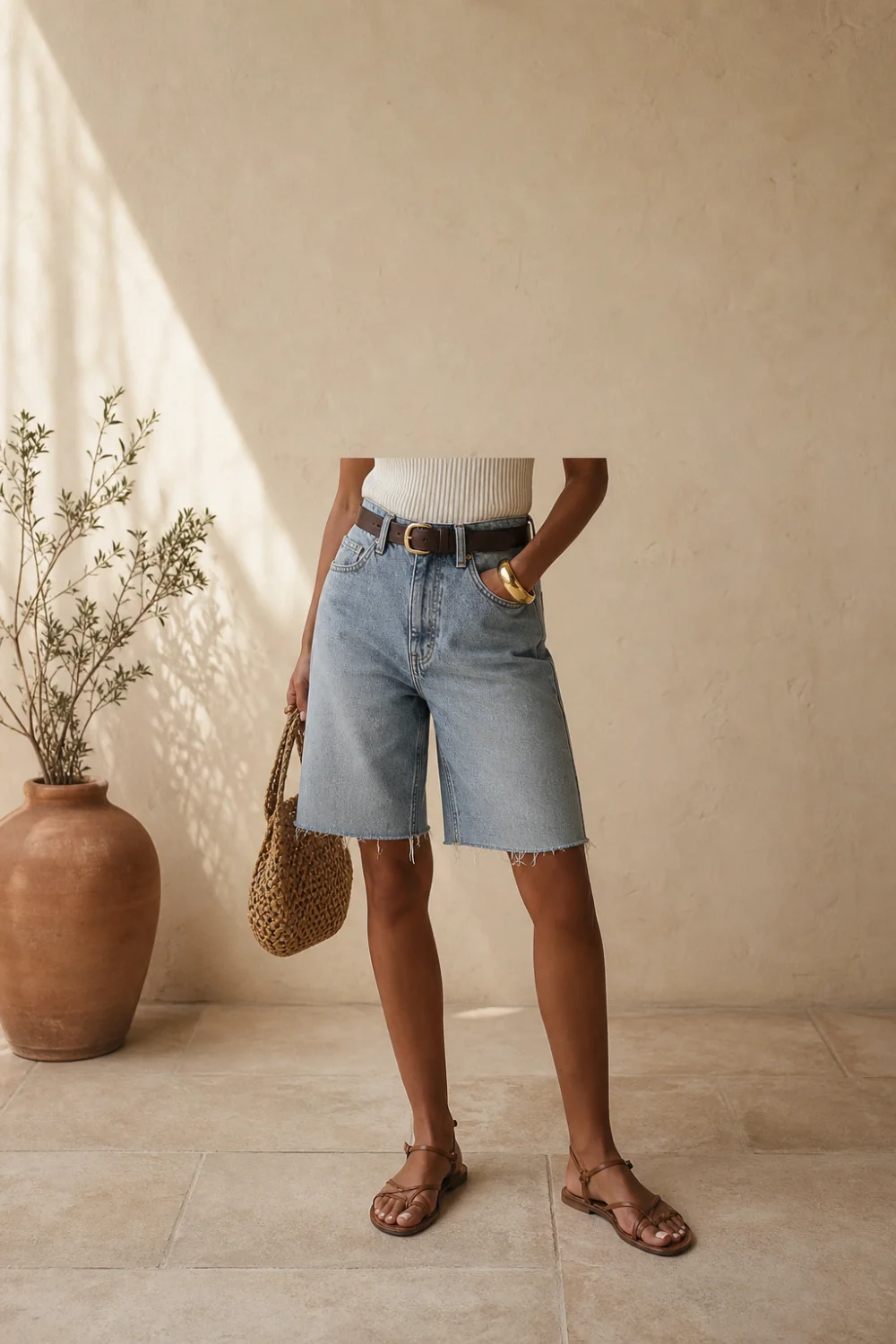 Faceless well-styled jorts outfit showing a defined waist and balanced proportions
