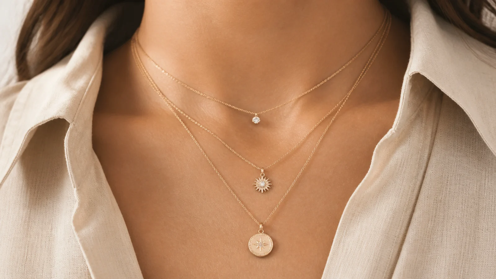 Faceless close-up of three fine gold layering necklaces at graduated lengths on a neutral background