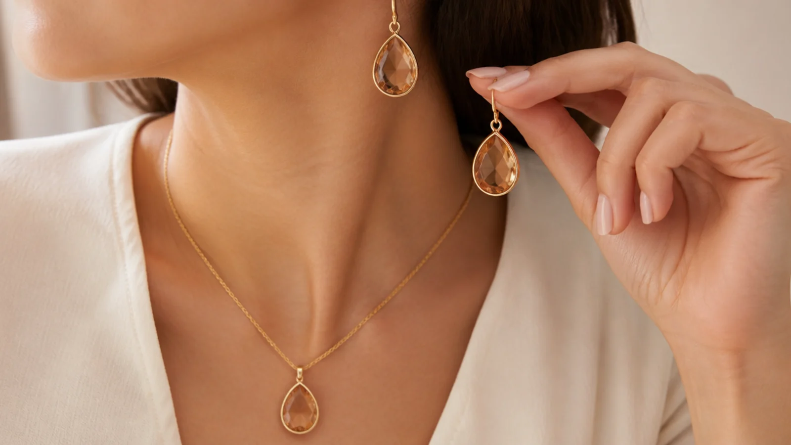 Faceless close-up of teardrop stone earrings and a matching pendant in a warm gemstone color