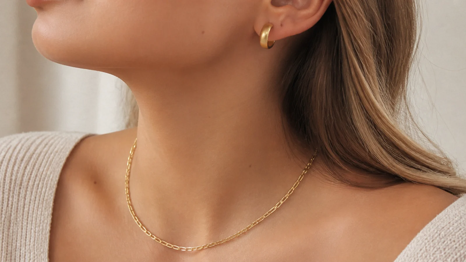 Faceless close-up of a solid gold chain necklace and small solid gold hoops with a matte finish