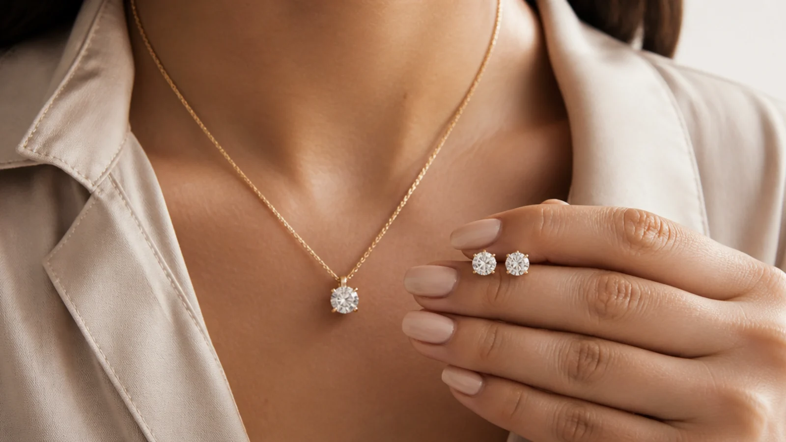 Faceless close-up of a solitaire lab-grown diamond pendant and matching diamond studs in solid gold