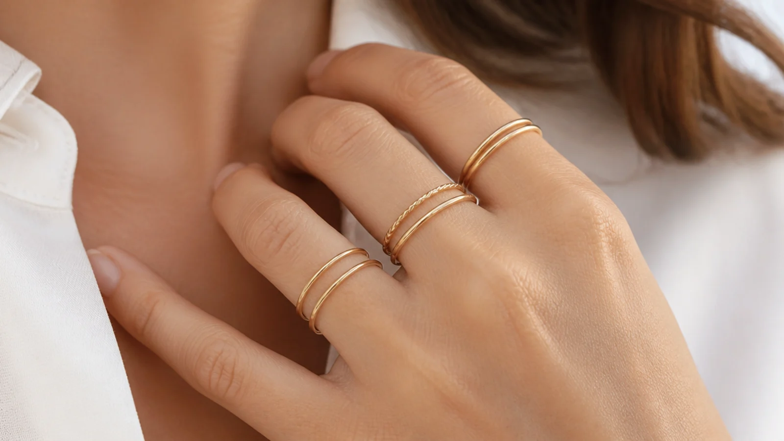 Faceless close-up of hair-thin solid gold stacking rings layered across several fingers