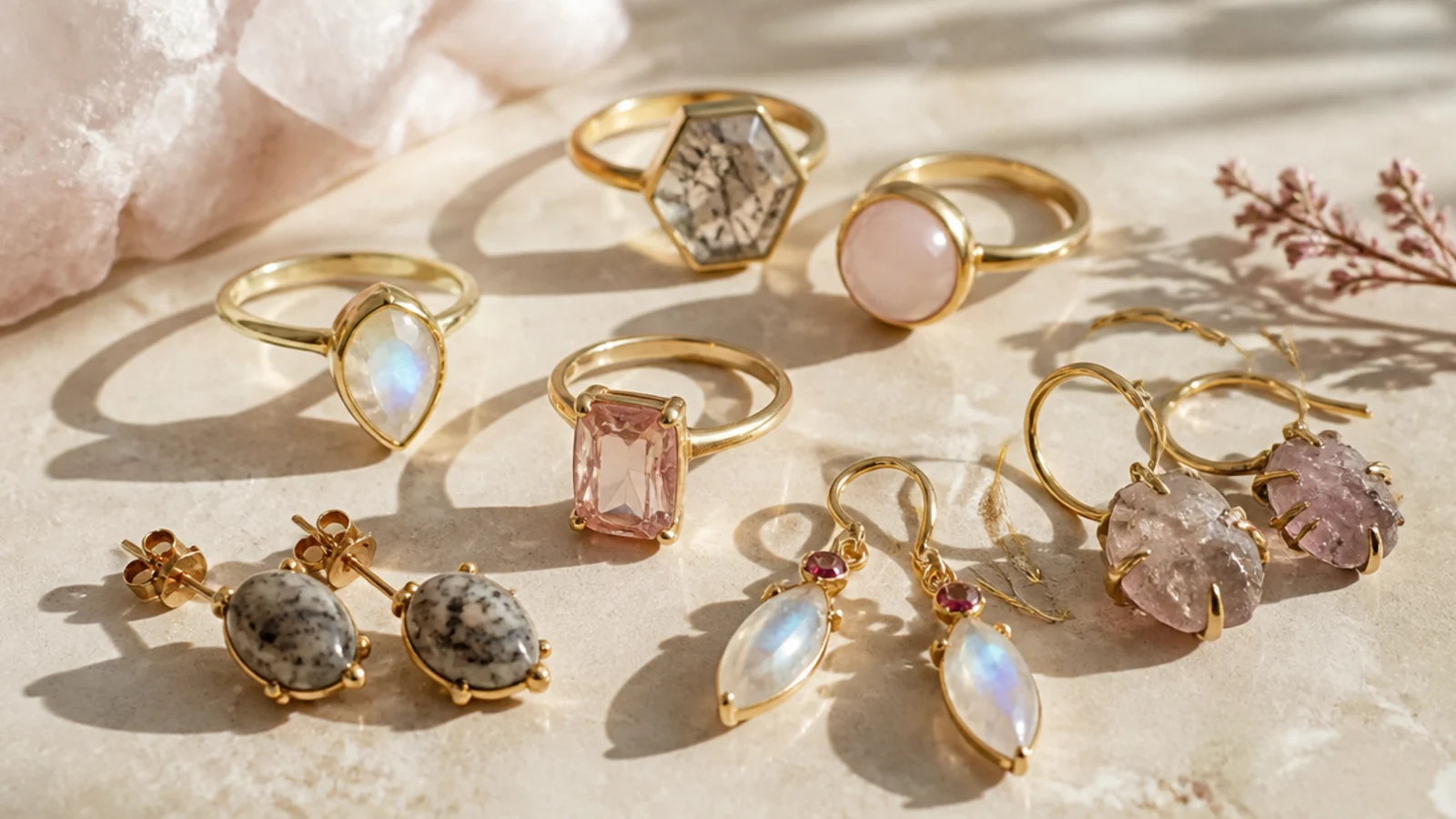 Faceless close-up of an assortment of independent designer rings and earrings with unusual stones