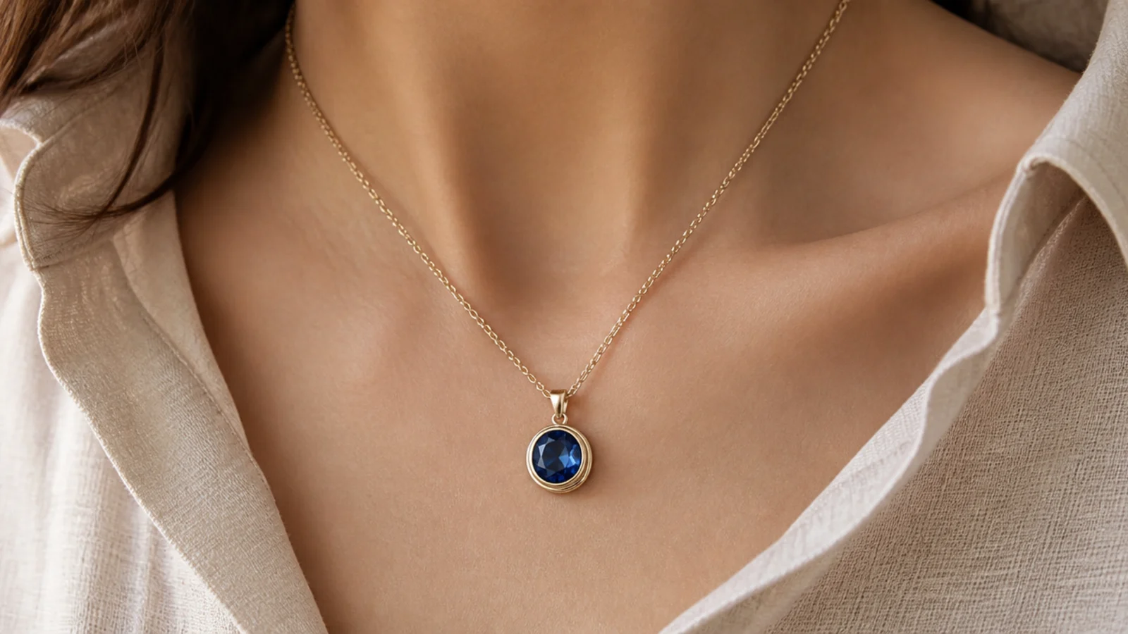 Faceless close-up of a solid gold pendant set with a large deep blue colored gemstone