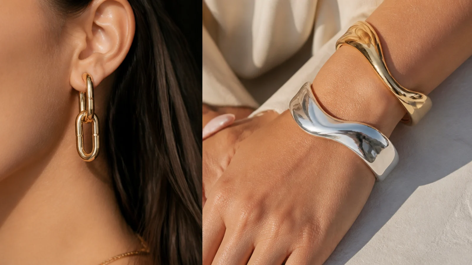 Faceless close-up of trend-driven silver and gold cuffs and chunky chain earrings at an affordable price