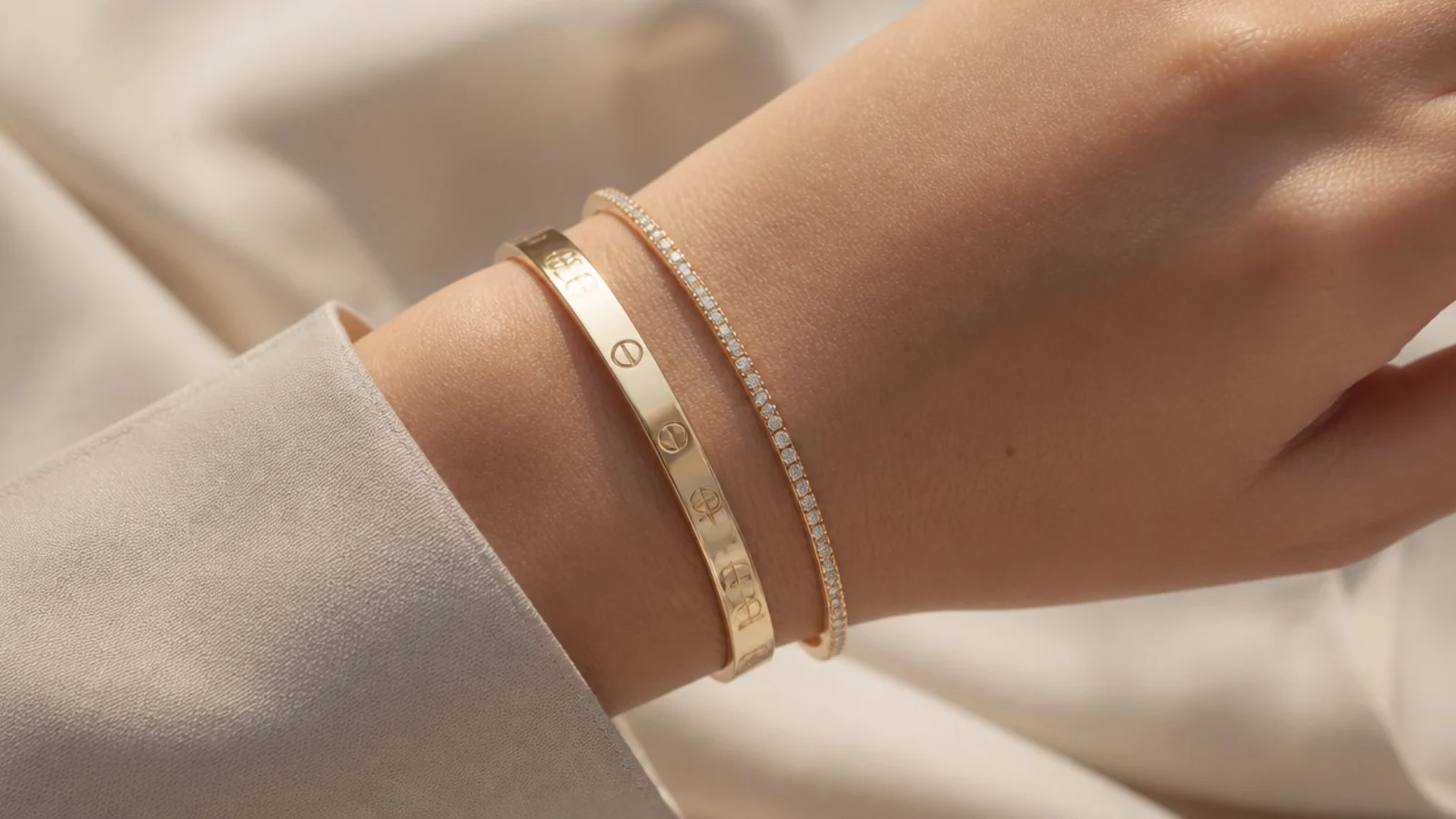 Faceless close-up of a screw-motif solid gold bangle and a slim diamond-set band in the icon style