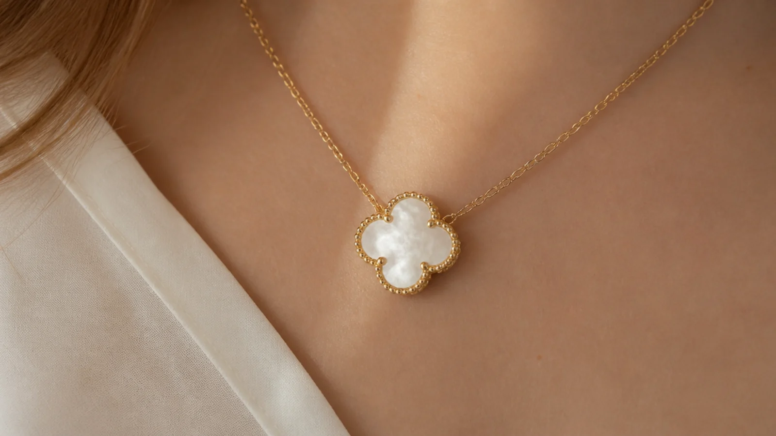 Faceless close-up of a quatrefoil clover motif pendant in gold and mother-of-pearl on a fine chain