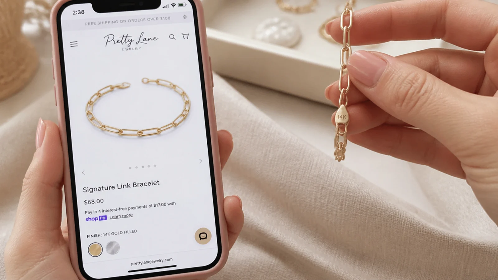 Faceless close-up of a phone showing a jewelry product listing beside a real gold hallmark stamp