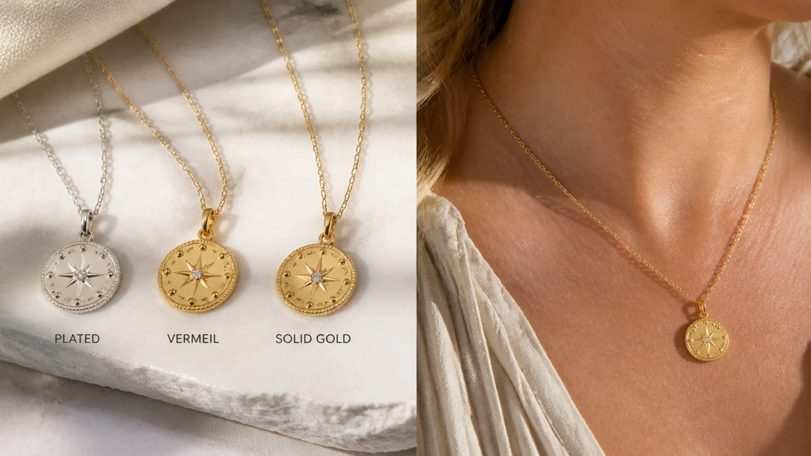 Faceless side-by-side of a plated piece, a vermeil piece and a solid gold piece for a quality comparison