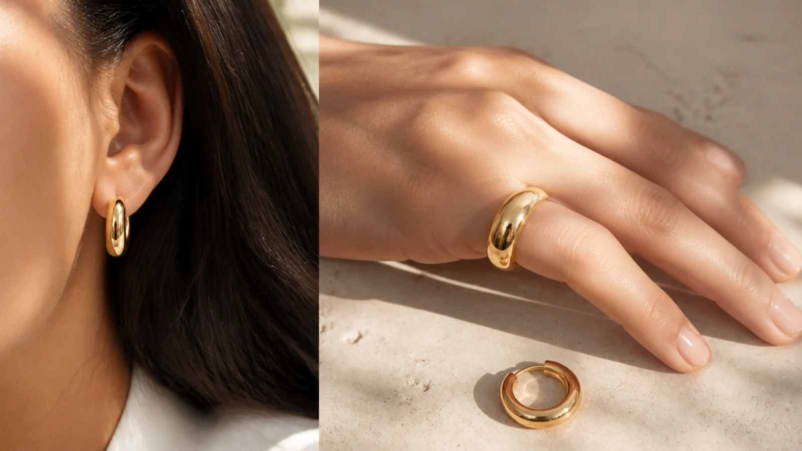 Faceless close-up of gold vermeil Mejuri-style hoops and dome ring shown for a value comparison