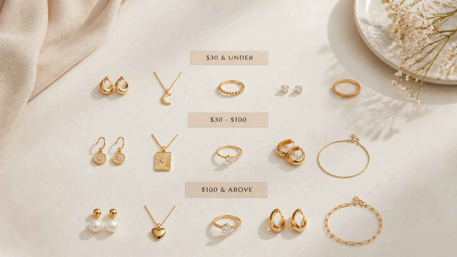 Faceless flat-lay of demi-fine and fine jewelry brands grouped by budget band on a neutral background