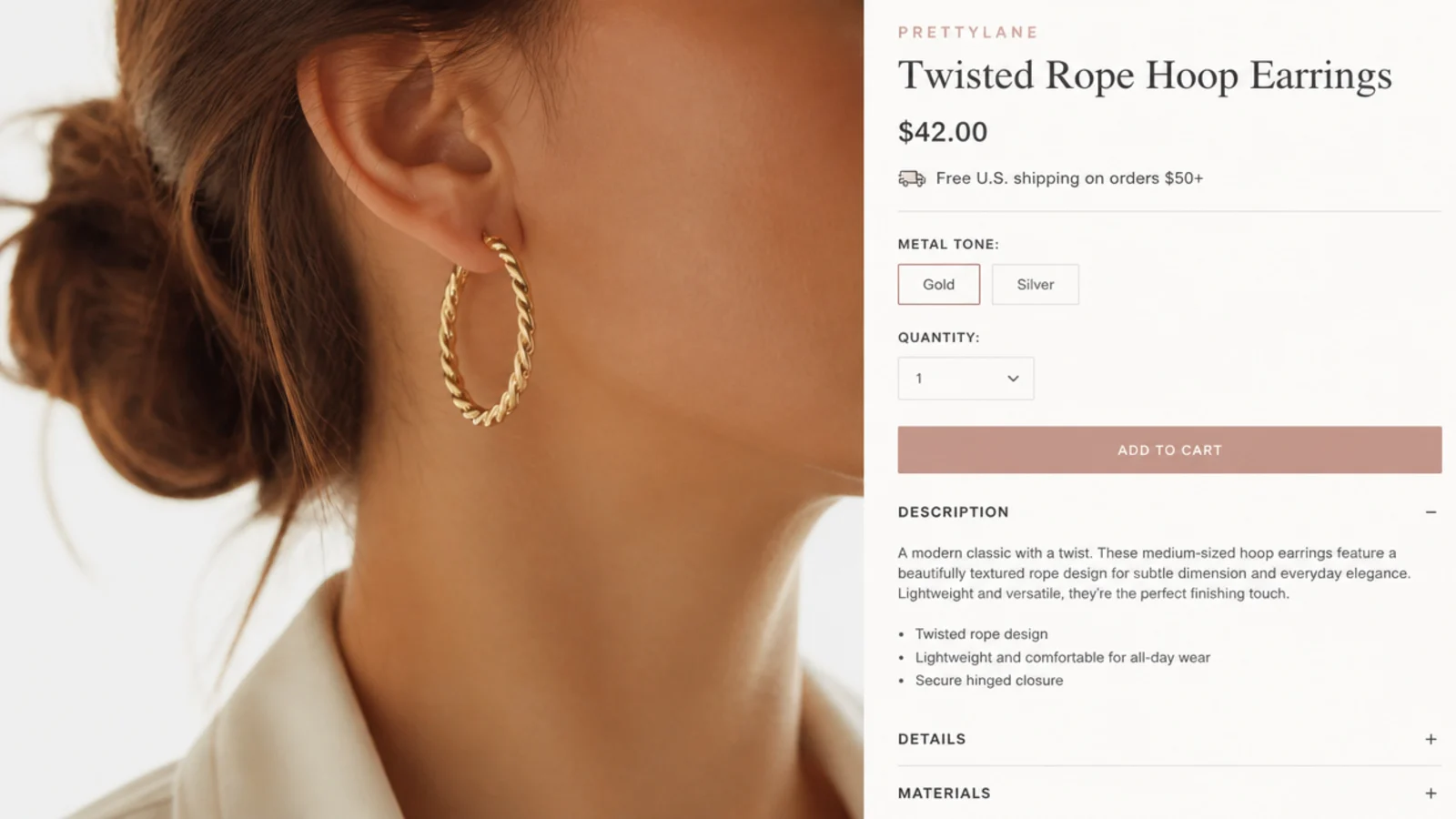 Faceless screenshot of a gold hoop earring listing with the materials field left blank